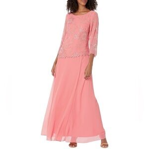 NWT Coral Pink 3/4 Sleeve Beaded Embroidered Sparkle Floral Maxi Gown 18